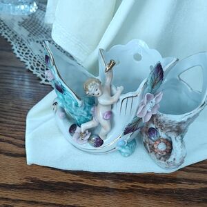 Porcelain Cherub Decorative Vase with Floral Accents - White, Turquoise, Pink